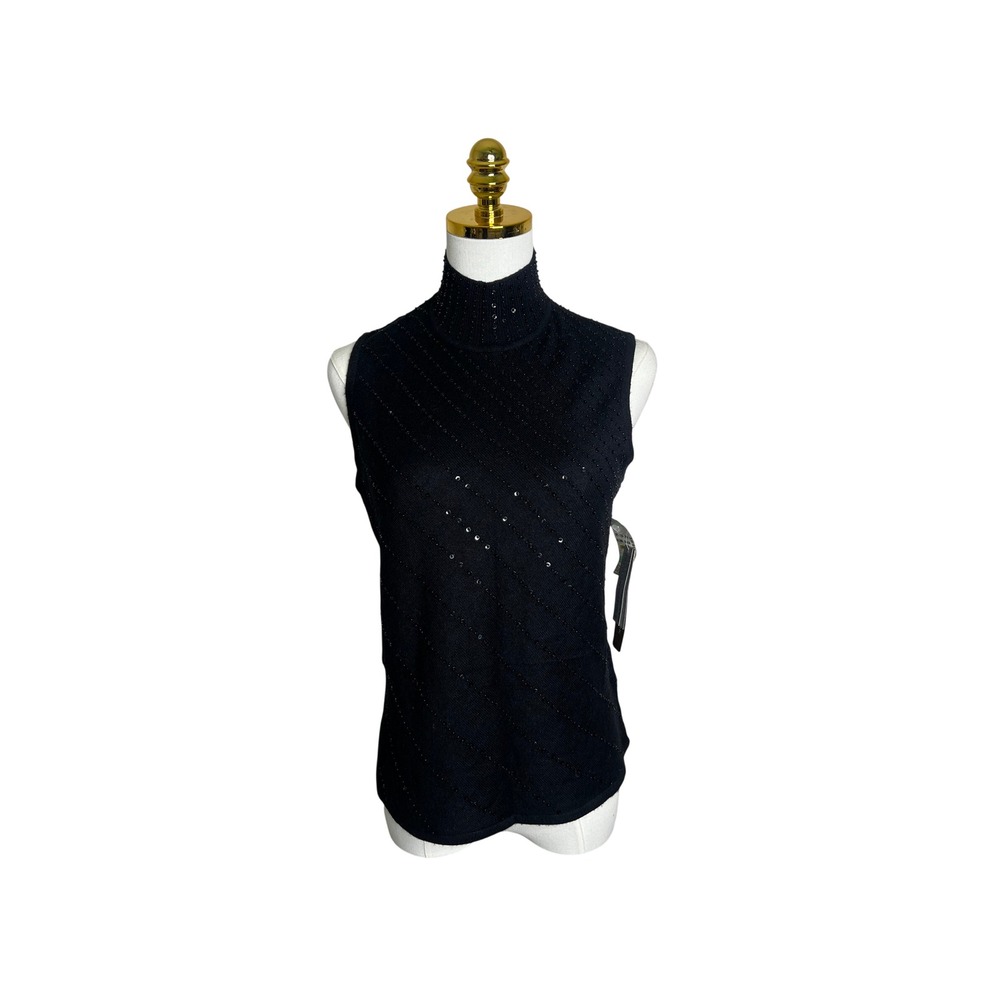 Jones New York Silk Cashmere Beaded Mock‎ Neck Sleeveless Top Black Size 16 NWT